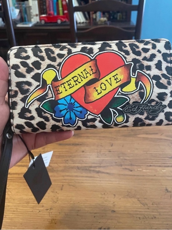 Ed Hardy Handbags - Ed Hardy Leopard Print Wristlet with Red Heart and Blue Flower